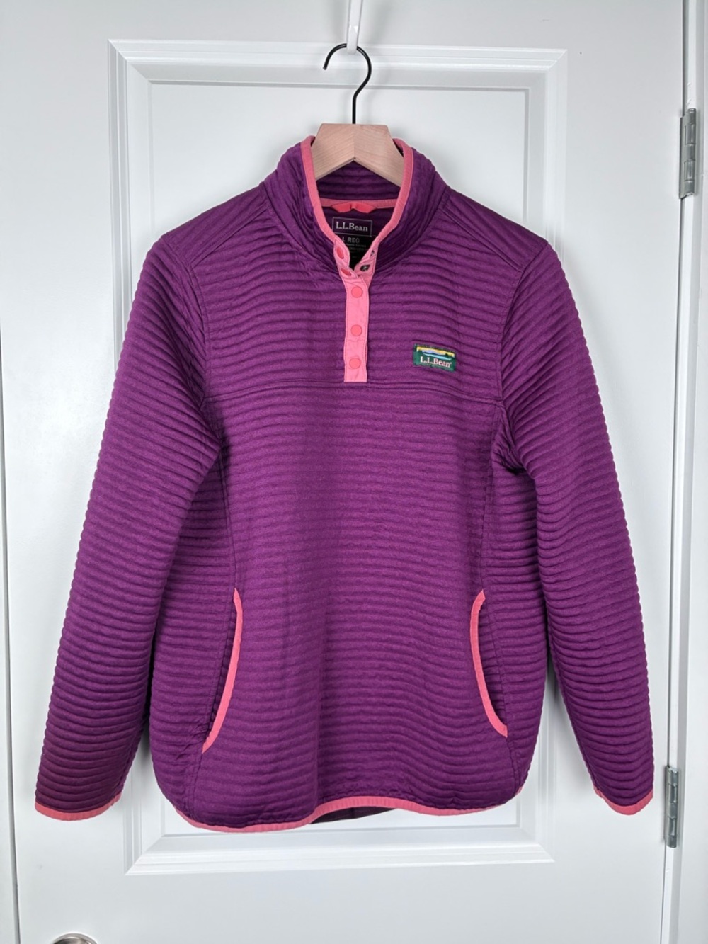 L.L. Bean Ribbed Purple Pullover Fleece Jacket with Pink Trim Women's Size Large